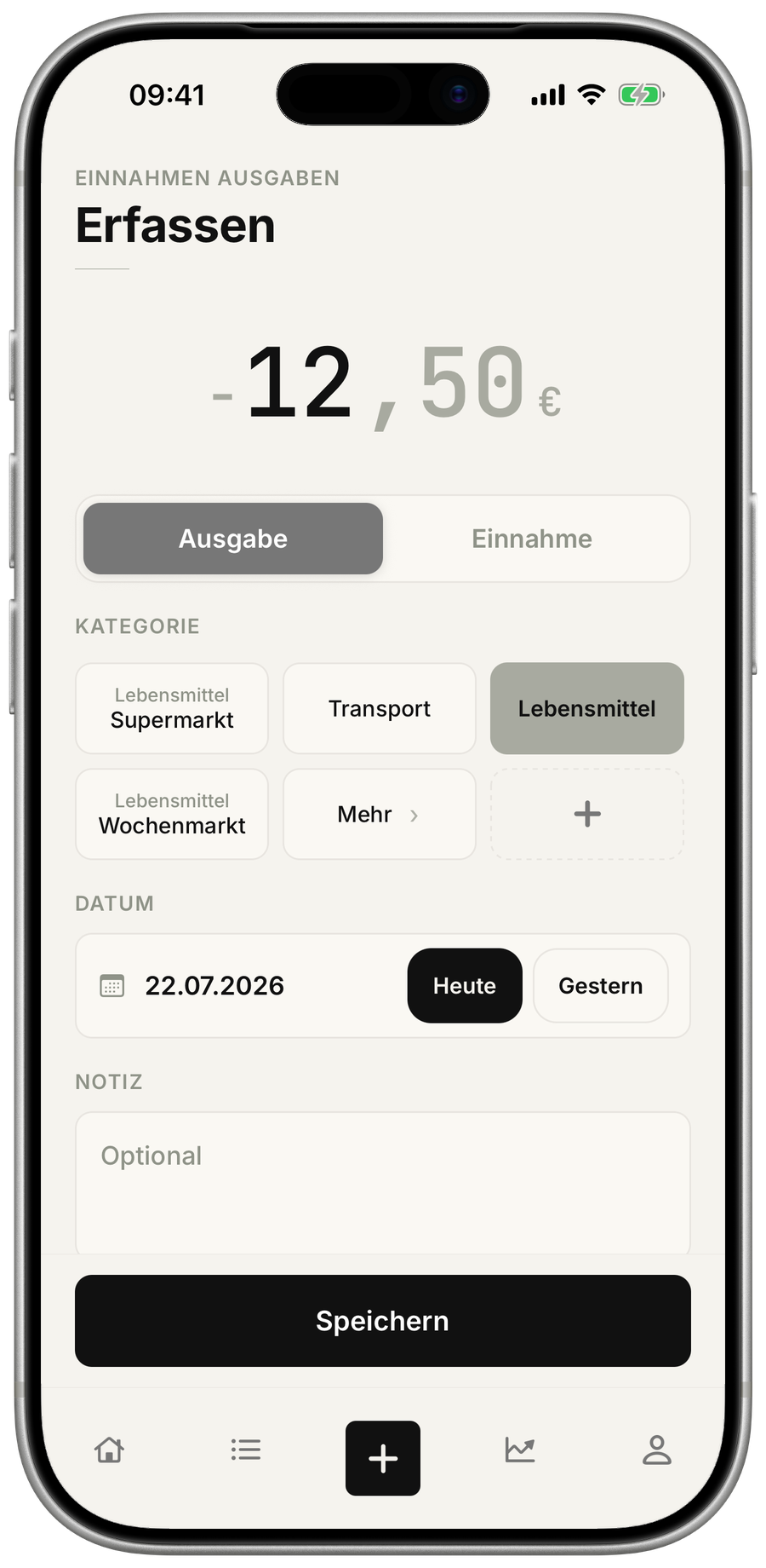 Formular zum Erfassen einer neuen Einnahme oder Ausgabe