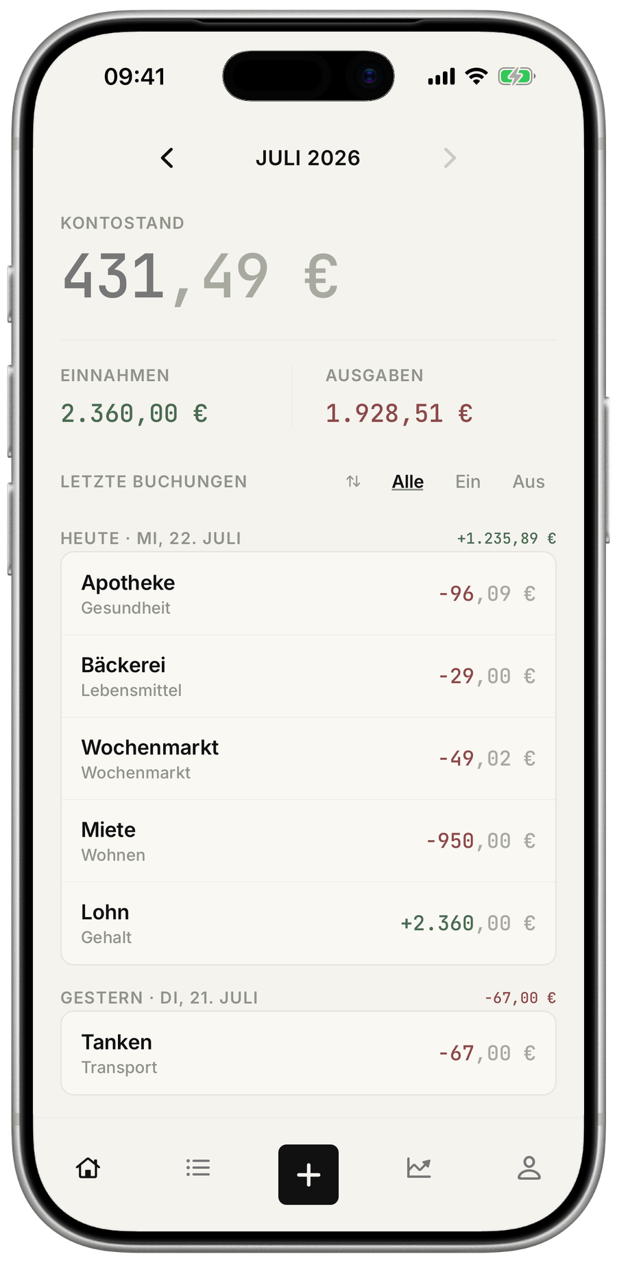 Monatsübersicht von Haushaltsbuch auf einem iPhone
