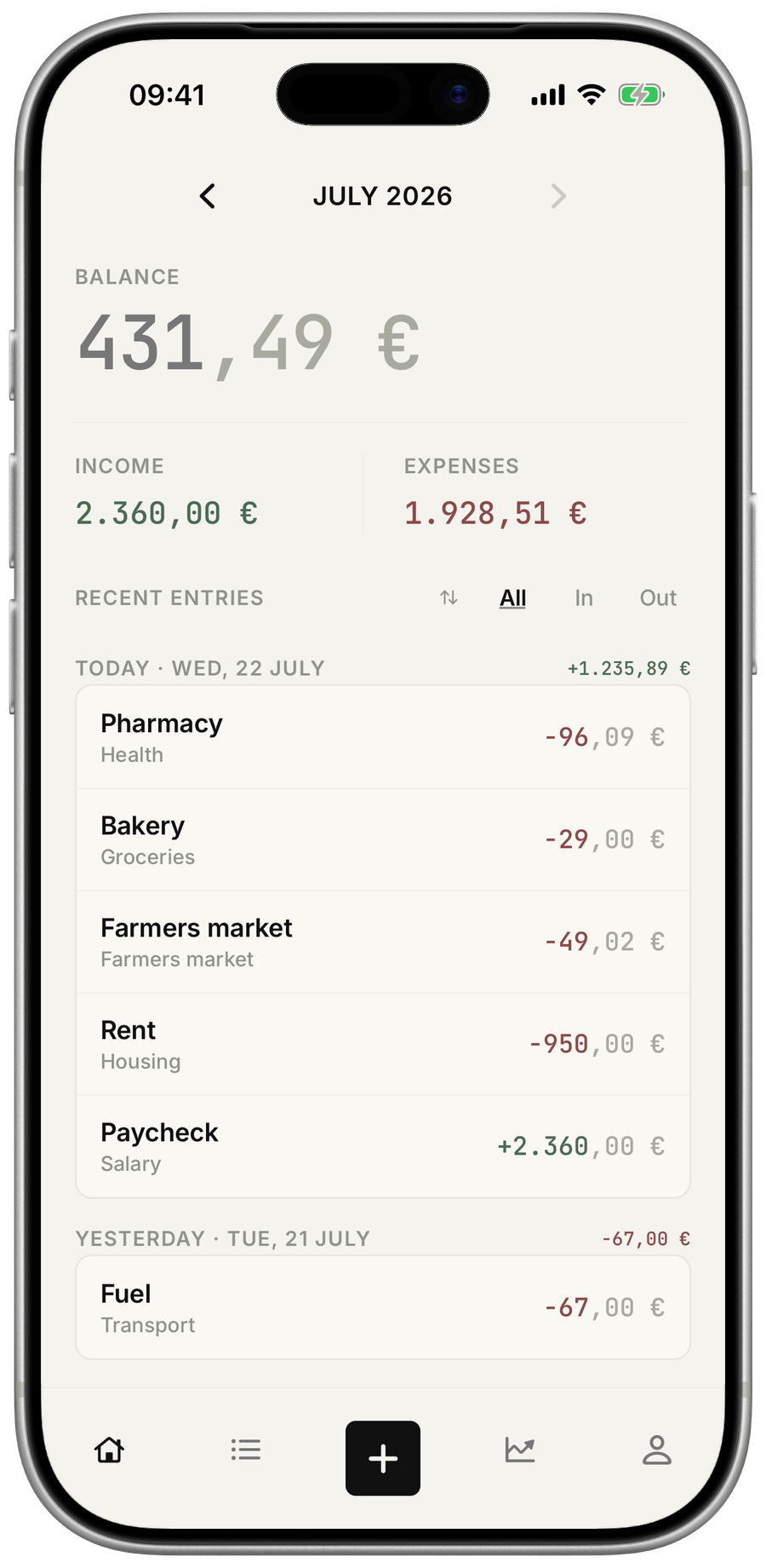 Haushaltsbuch monthly overview shown on iPhone