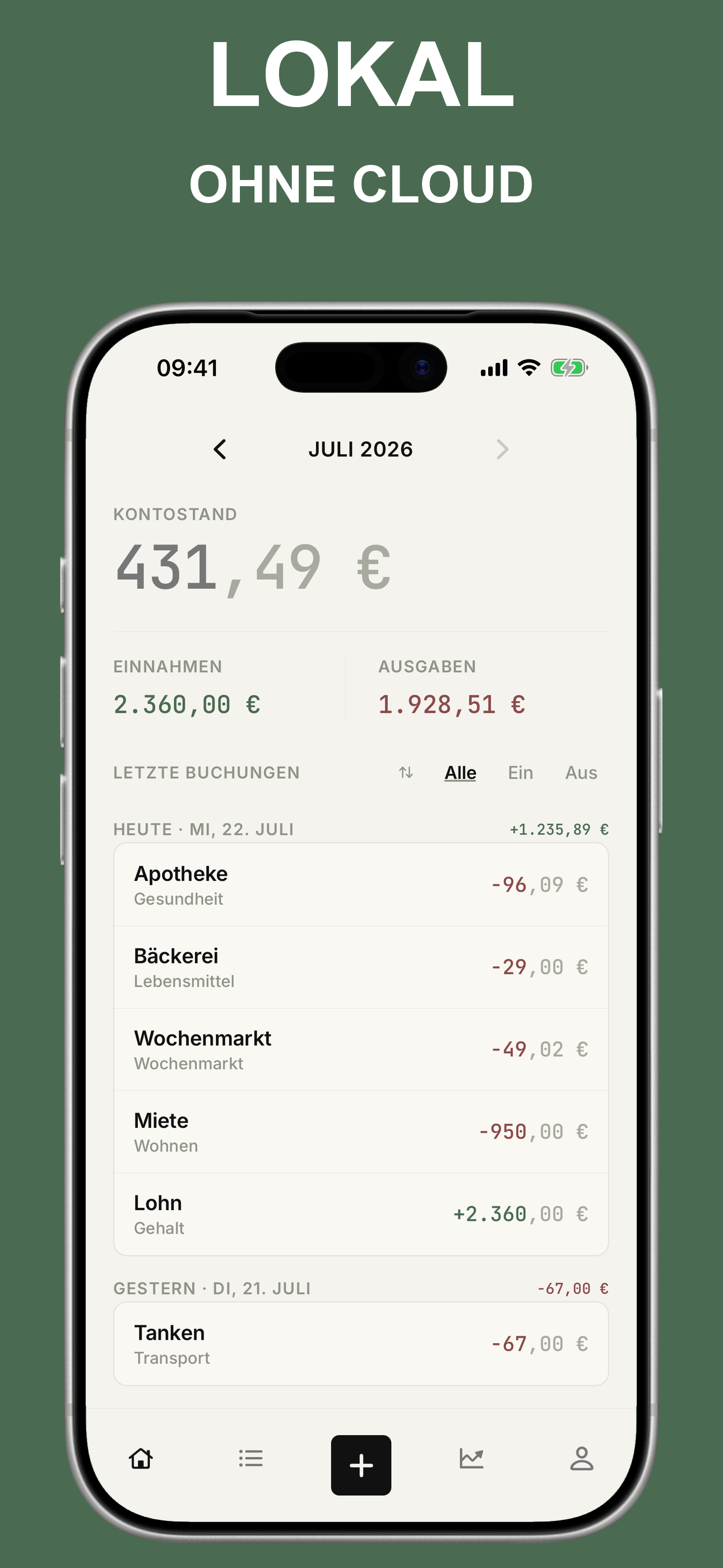 Monatsübersicht mit Einnahmen, Ausgaben, Saldo und letzten Buchungen