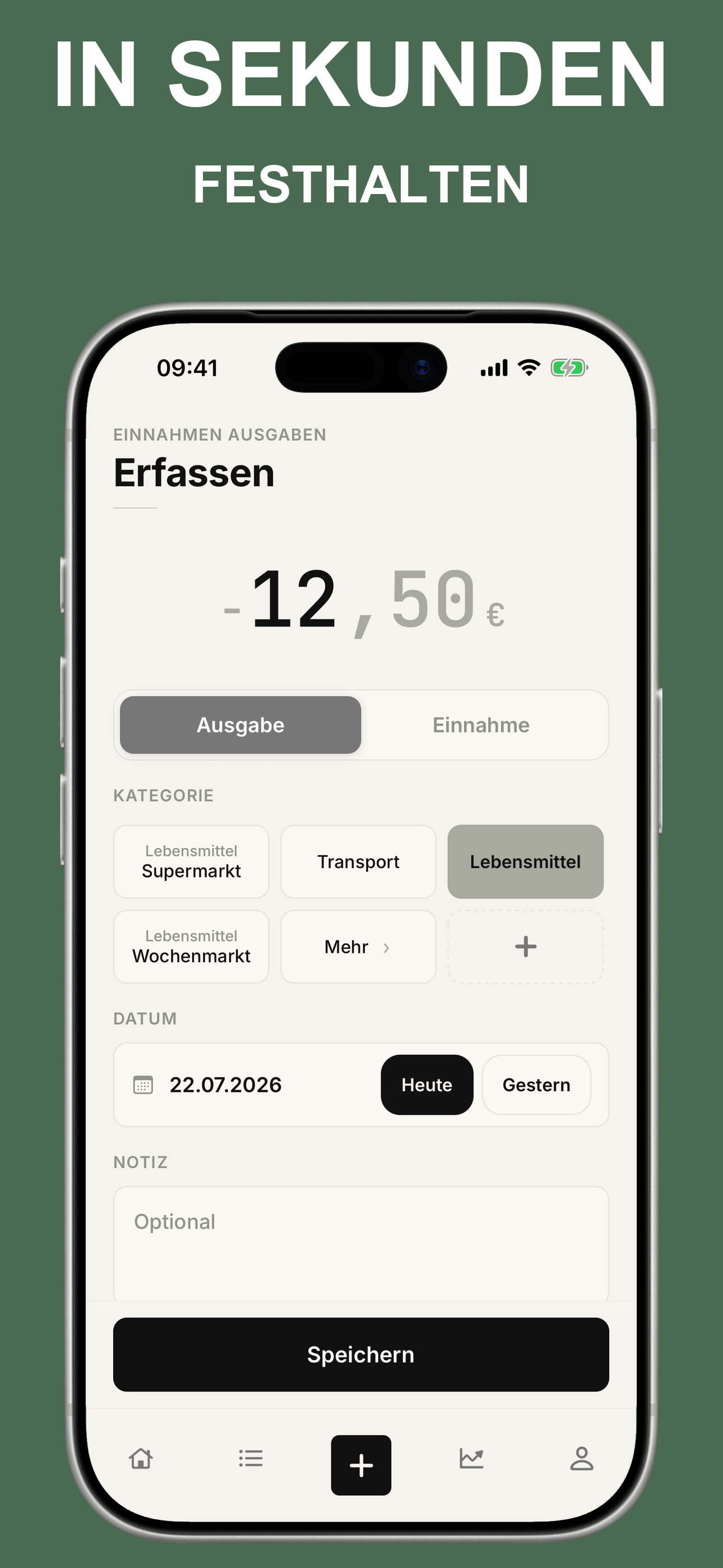 Formular zum Erfassen einer neuen Einnahme oder Ausgabe