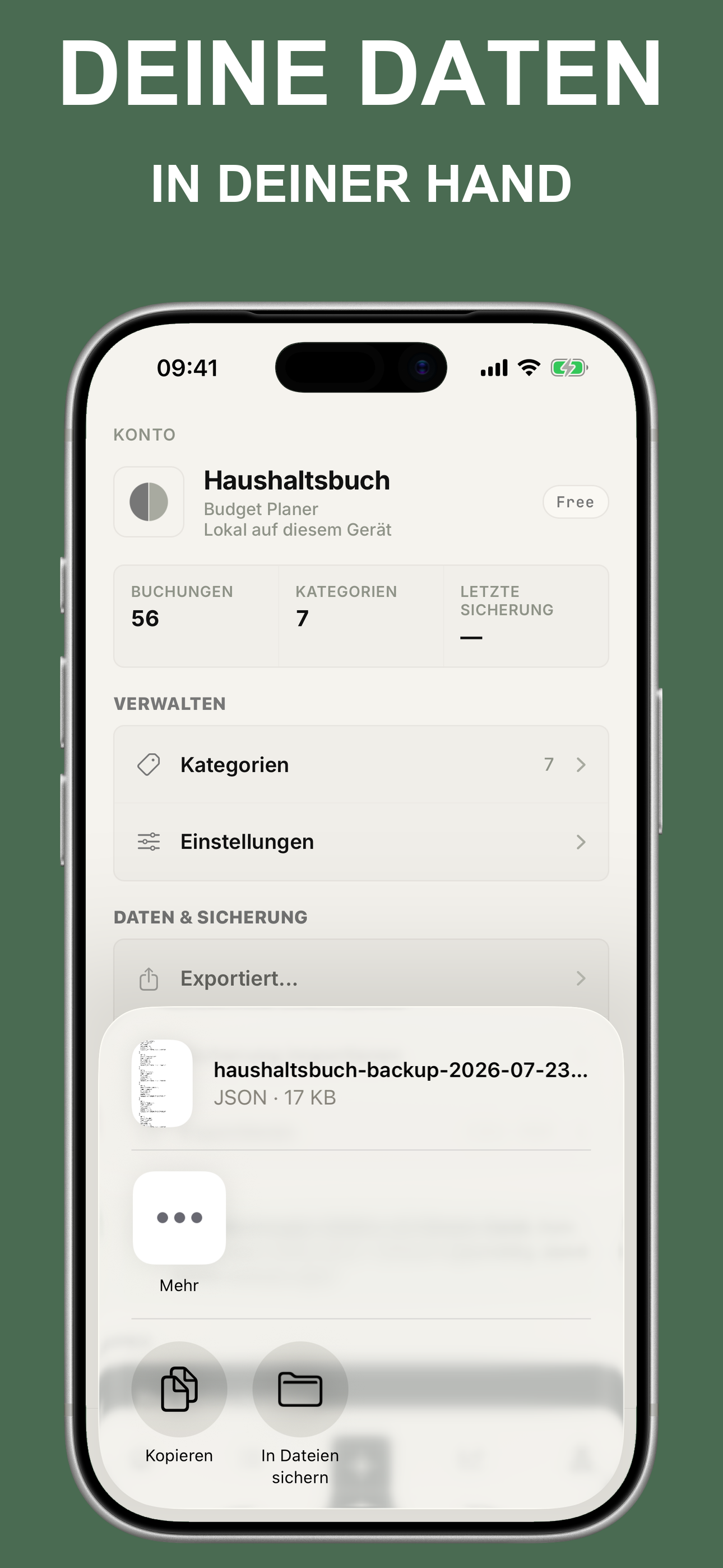 Ansicht zum Erstellen und Teilen einer Sicherungsdatei