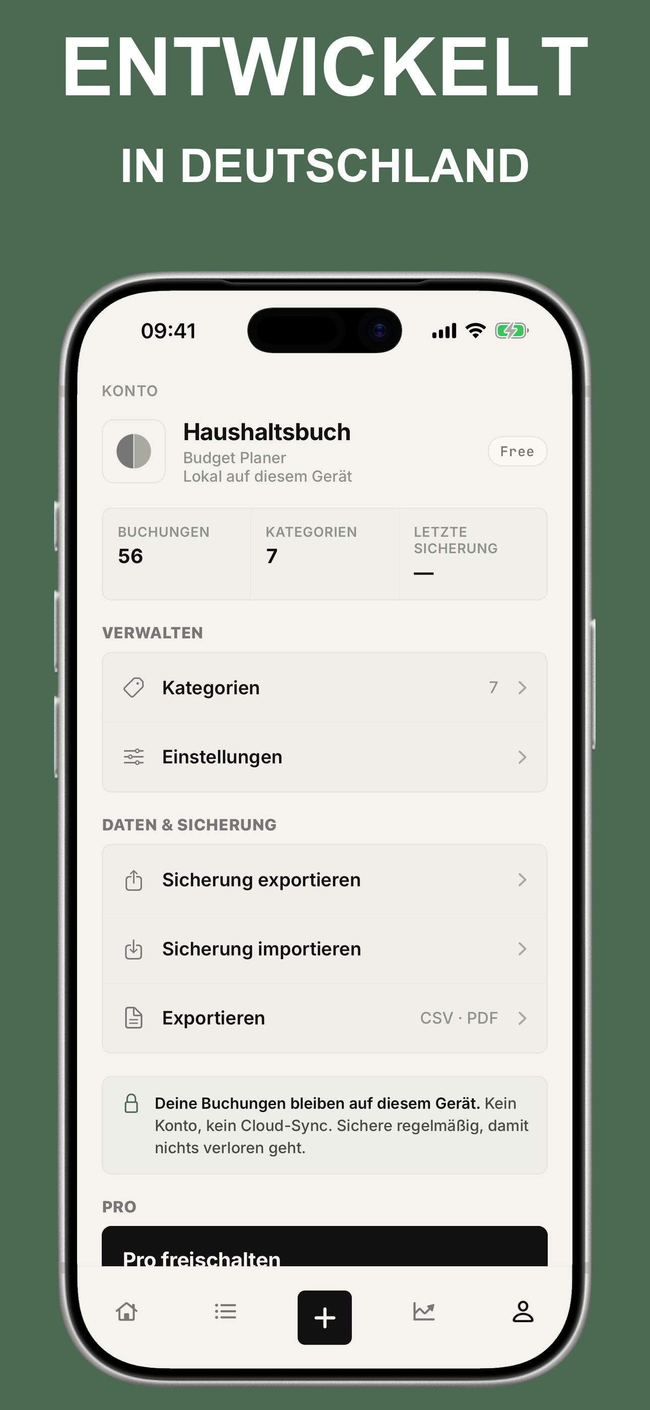 Kontoansicht mit App-Identität und Free-Status