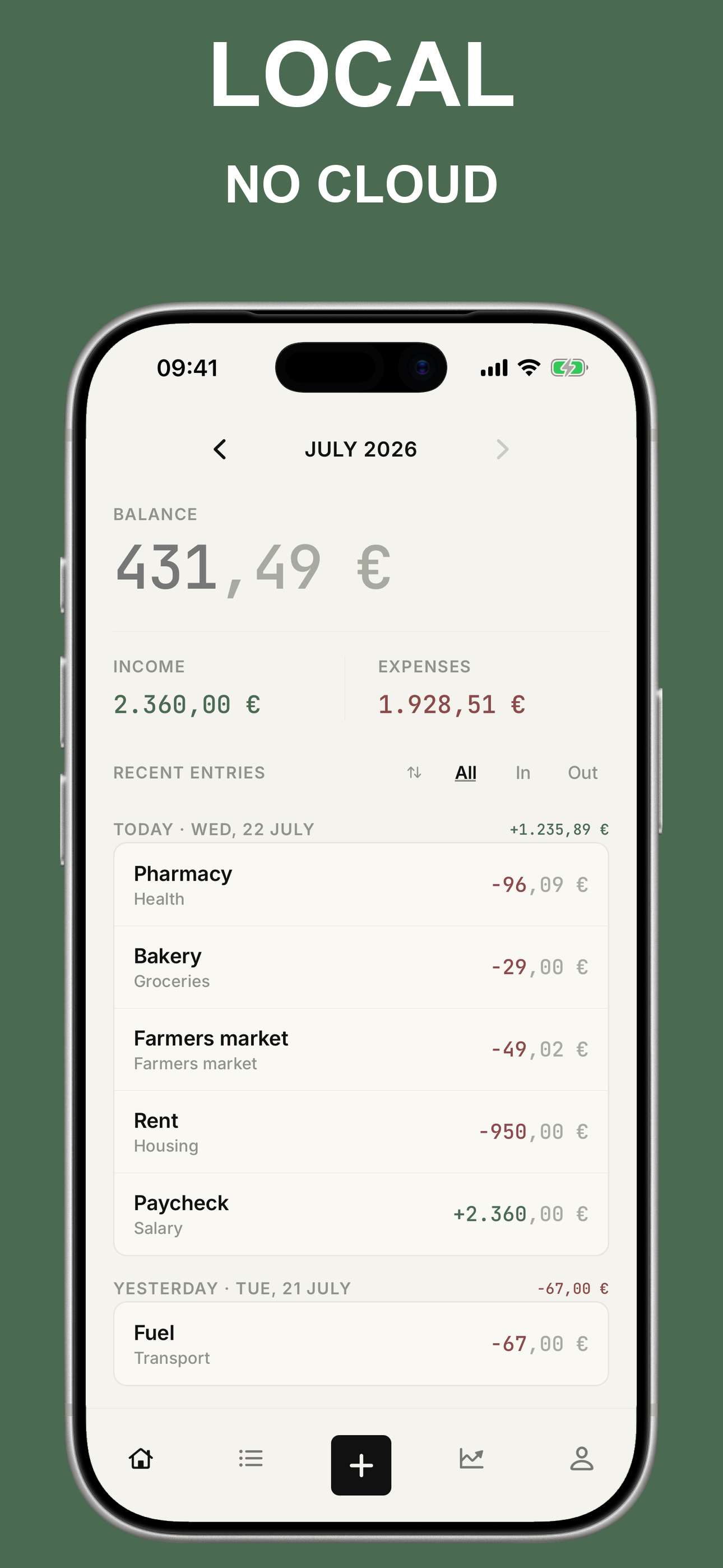 Monthly overview with income, expenses, balance and recent entries