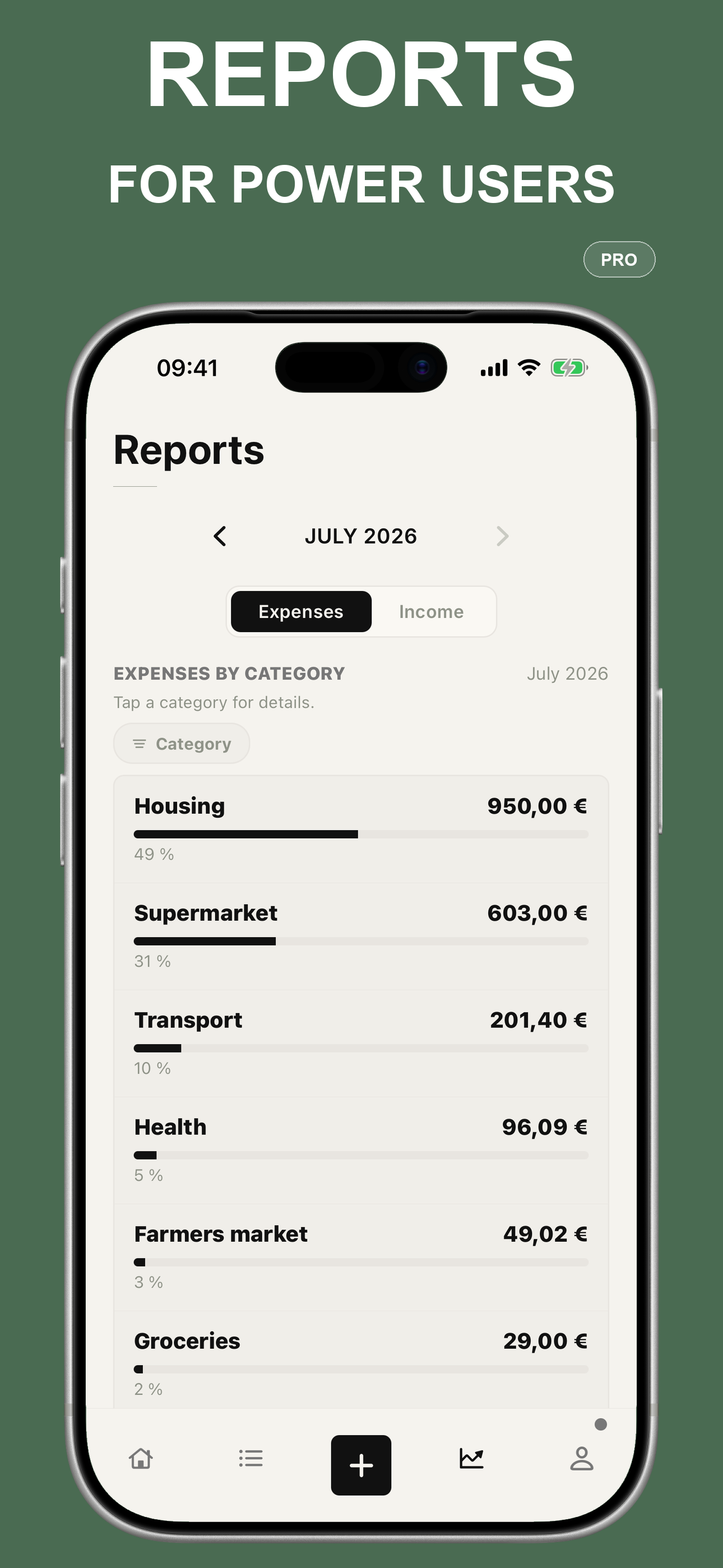 Pro report showing spending by category