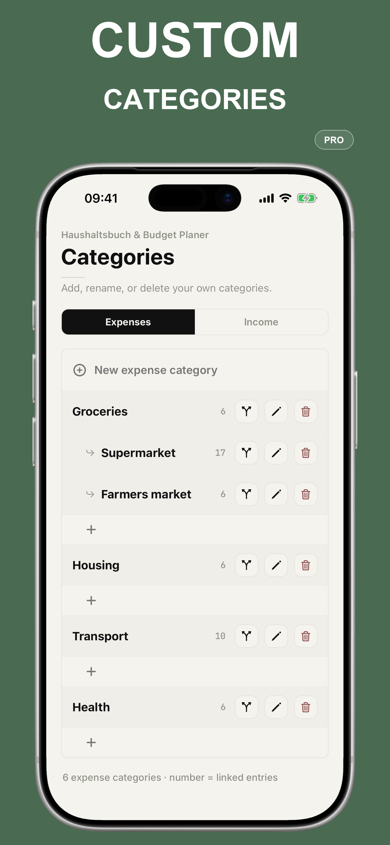 Pro category manager with custom categories and one-level subcategories