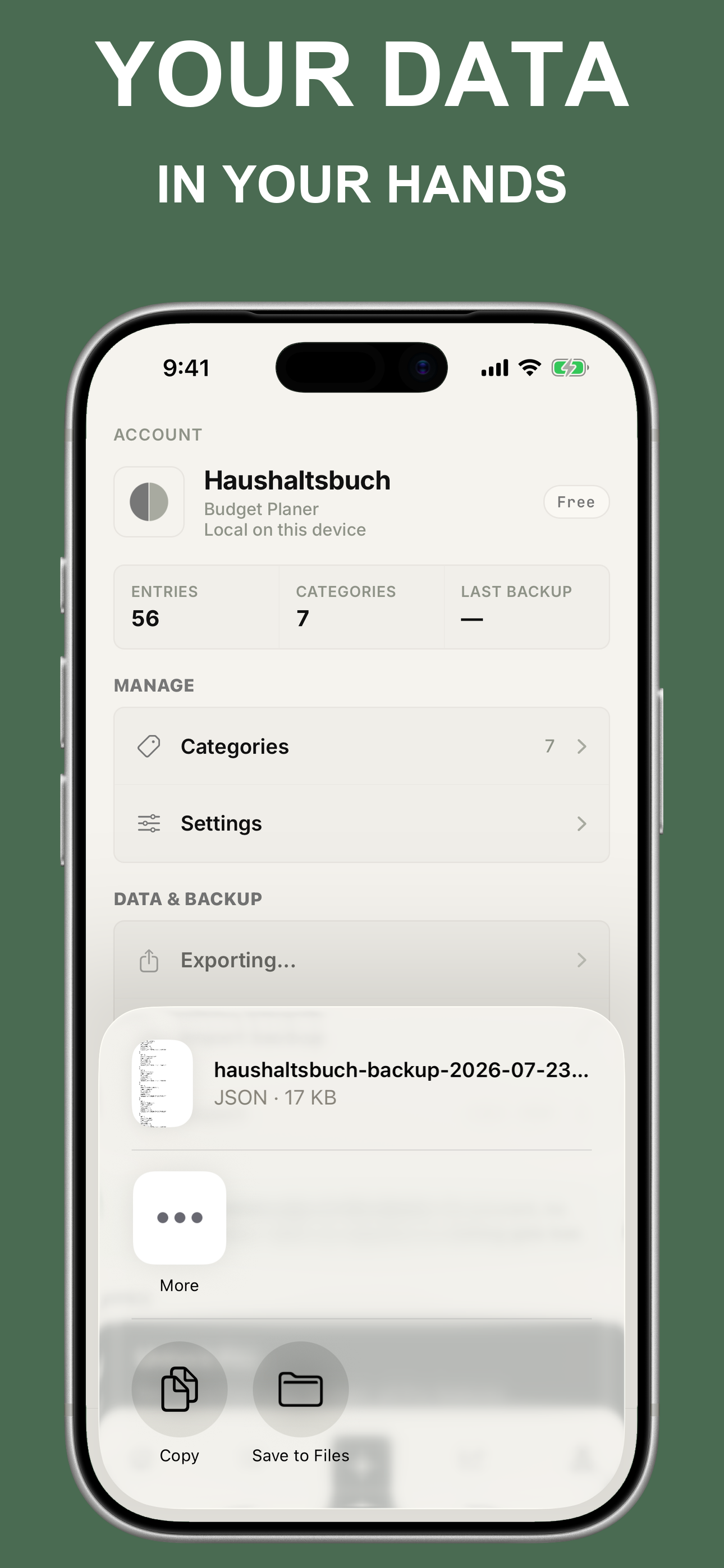 Screen for creating and sharing a backup file
