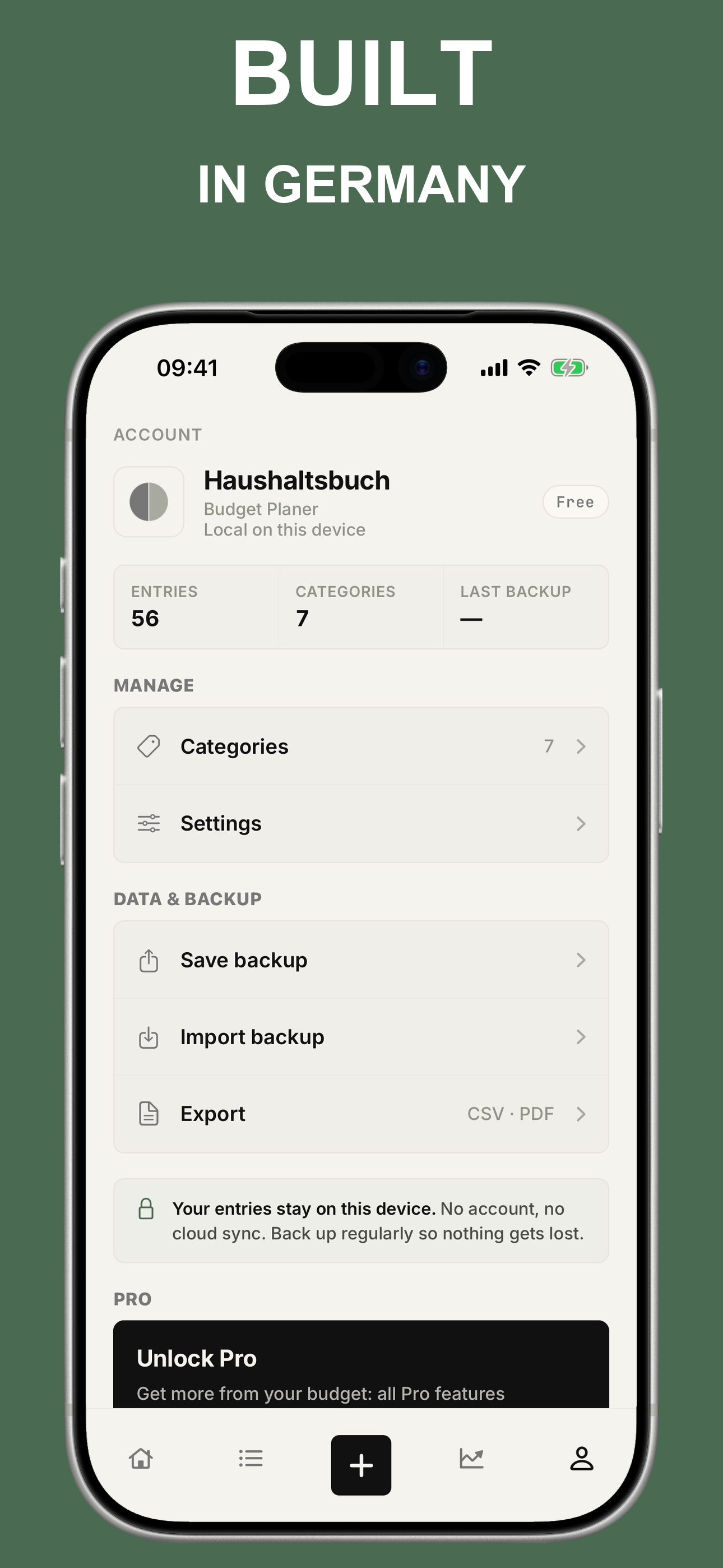 Account screen showing the app identity and Free state